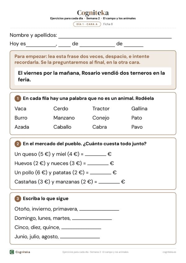 Ficha de actividades para personas con alzheimer con la fecha, una frase para recordar y una fila de animales en letra grande