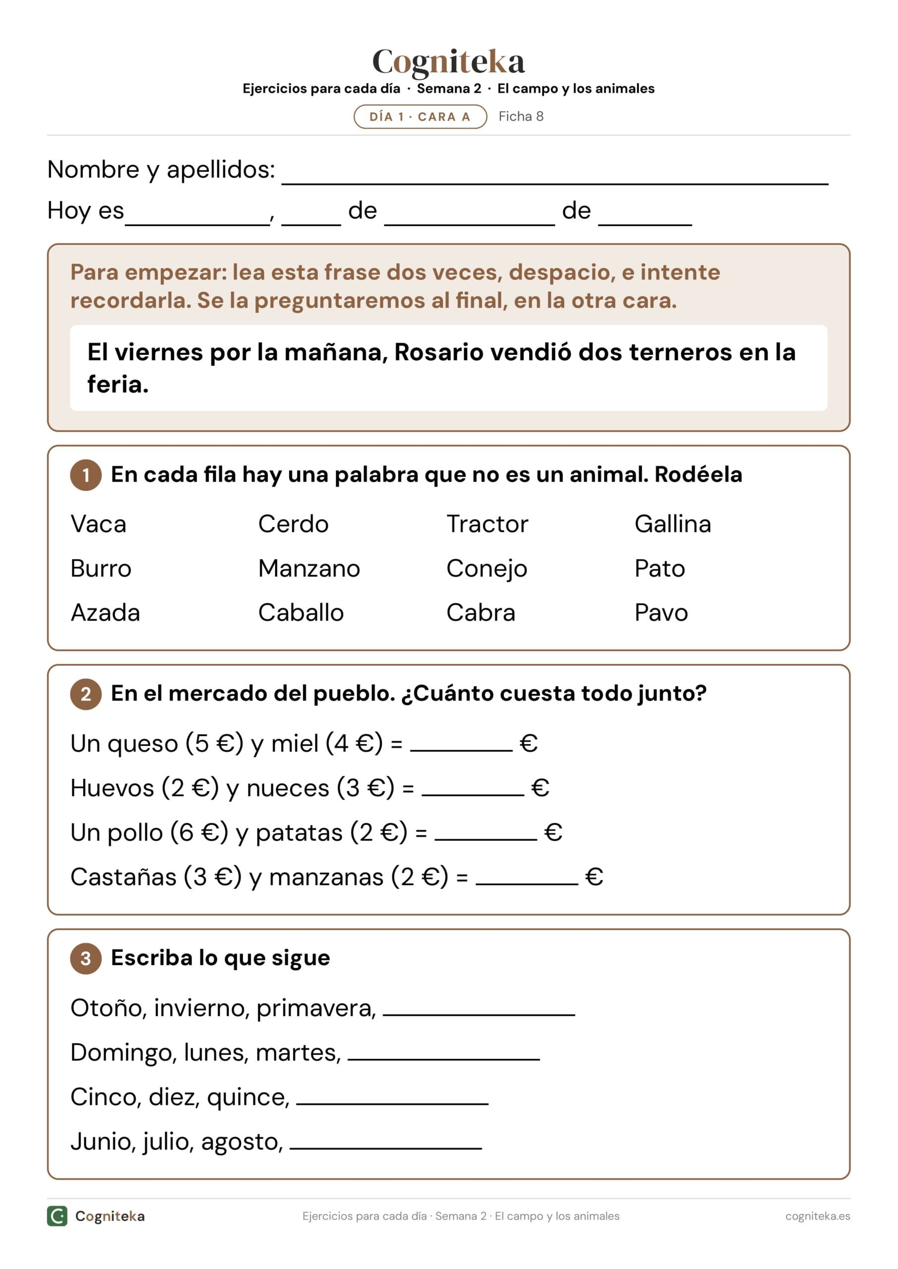Ficha de actividades para personas con alzheimer con la fecha, una frase para recordar y una fila de animales en letra grande