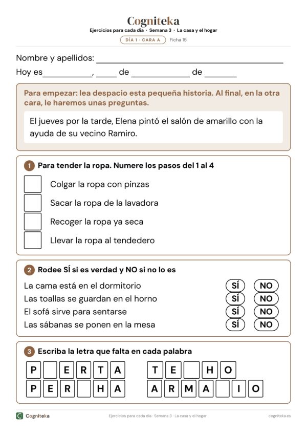 Una de las fichas para personas con alzheimer, con el nombre, la fecha, una historia para recordar y actividades de la casa en letra grande