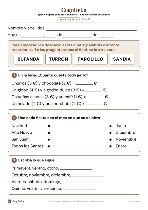 Ficha de ejercicios de memoria para mayores con el nombre, la fecha, cuatro palabras para recordar y actividades de la feria en letra grande