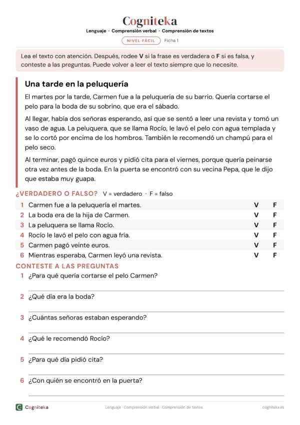 Ficha de lecturas con preguntas para adultos: historia de la vida diaria con frases de verdadero o falso y preguntas para contestar