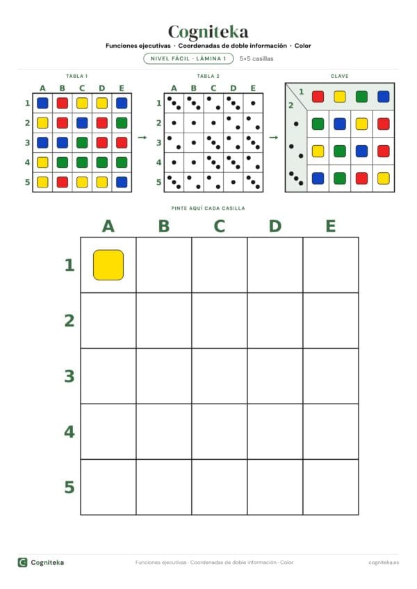 Hoja de ejercicios de doble entrada con dos tablas de colores y formas, una clave y una cuadrícula para pintar, en A4