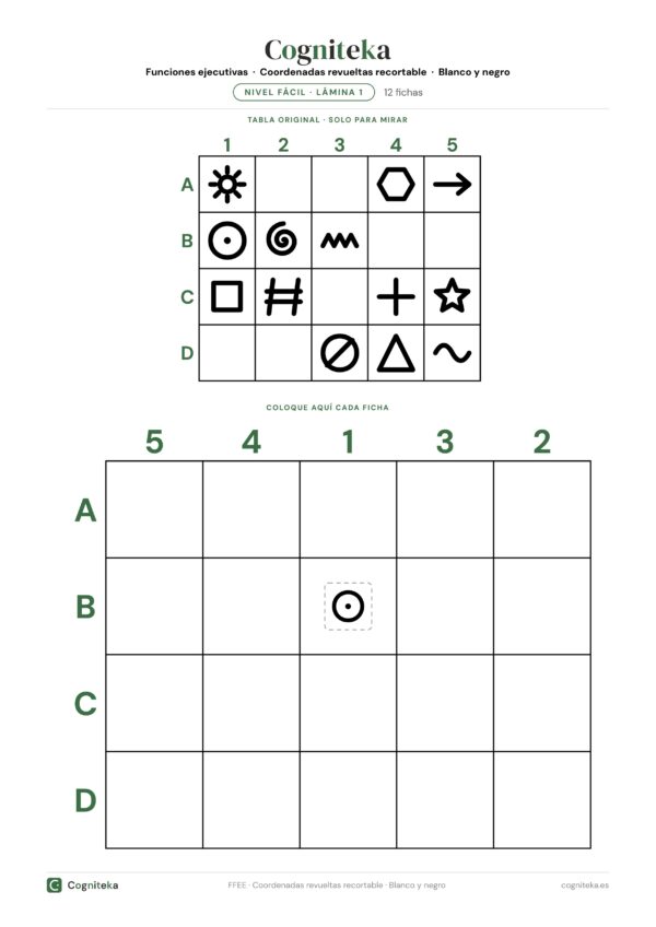 Hoja de fichas recortables de coordenadas en blanco y negro con dos tablas de símbolos y encabezados cambiados, en A4