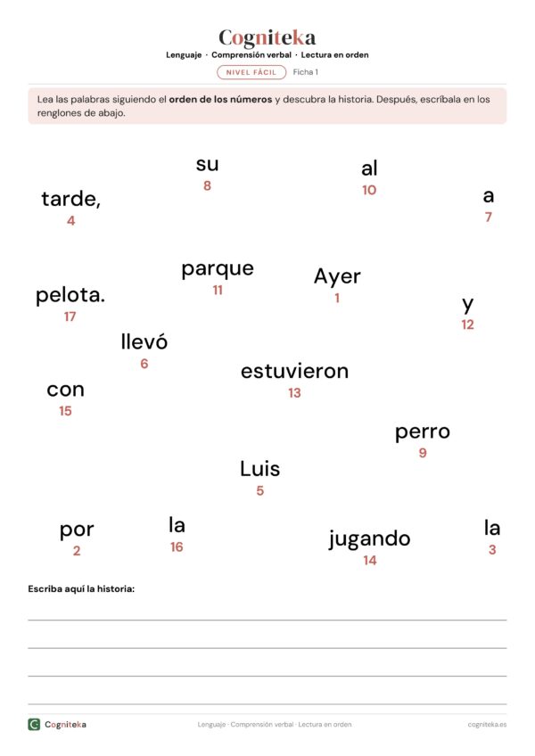 Ficha de comprensión lectora para adultos: palabras de una mini historia esparcidas y numeradas, con renglones para escribirla