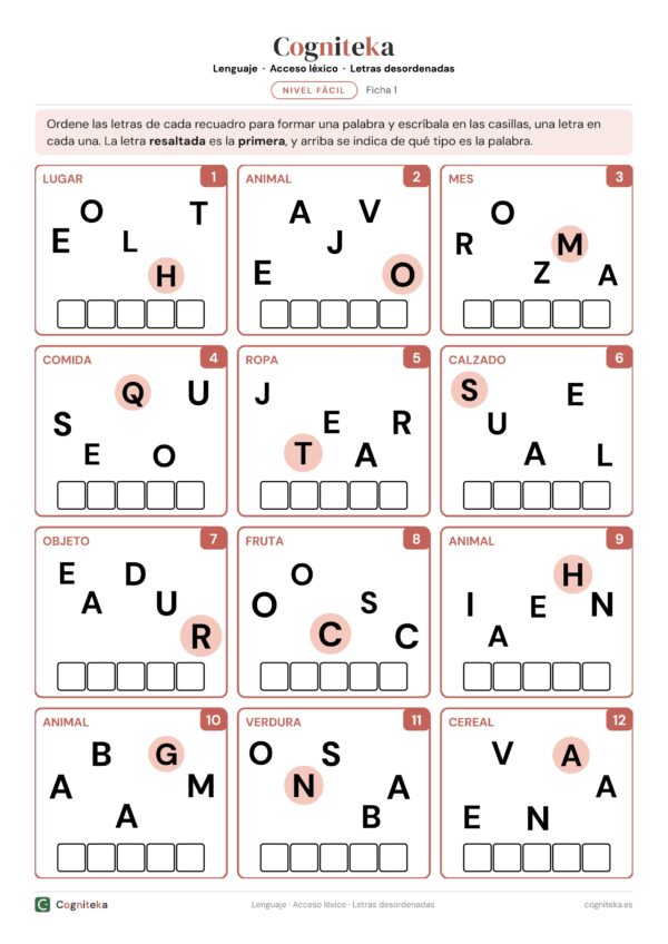 Ficha de letras desordenadas para adultos: tarjetas con letras esparcidas, su categoría y casillas para escribir la palabra