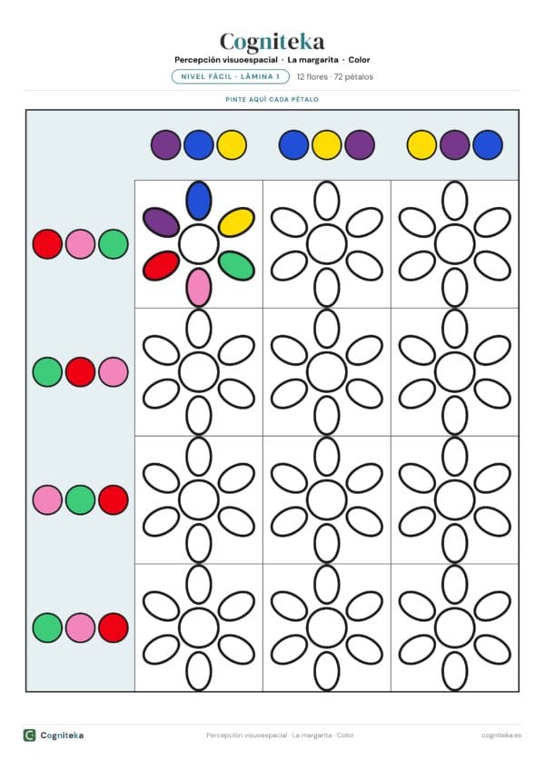 Lámina de ejercicios visuoespaciales en color con una rejilla de margaritas de seis pétalos y tríos de colores en las cabeceras, en A4