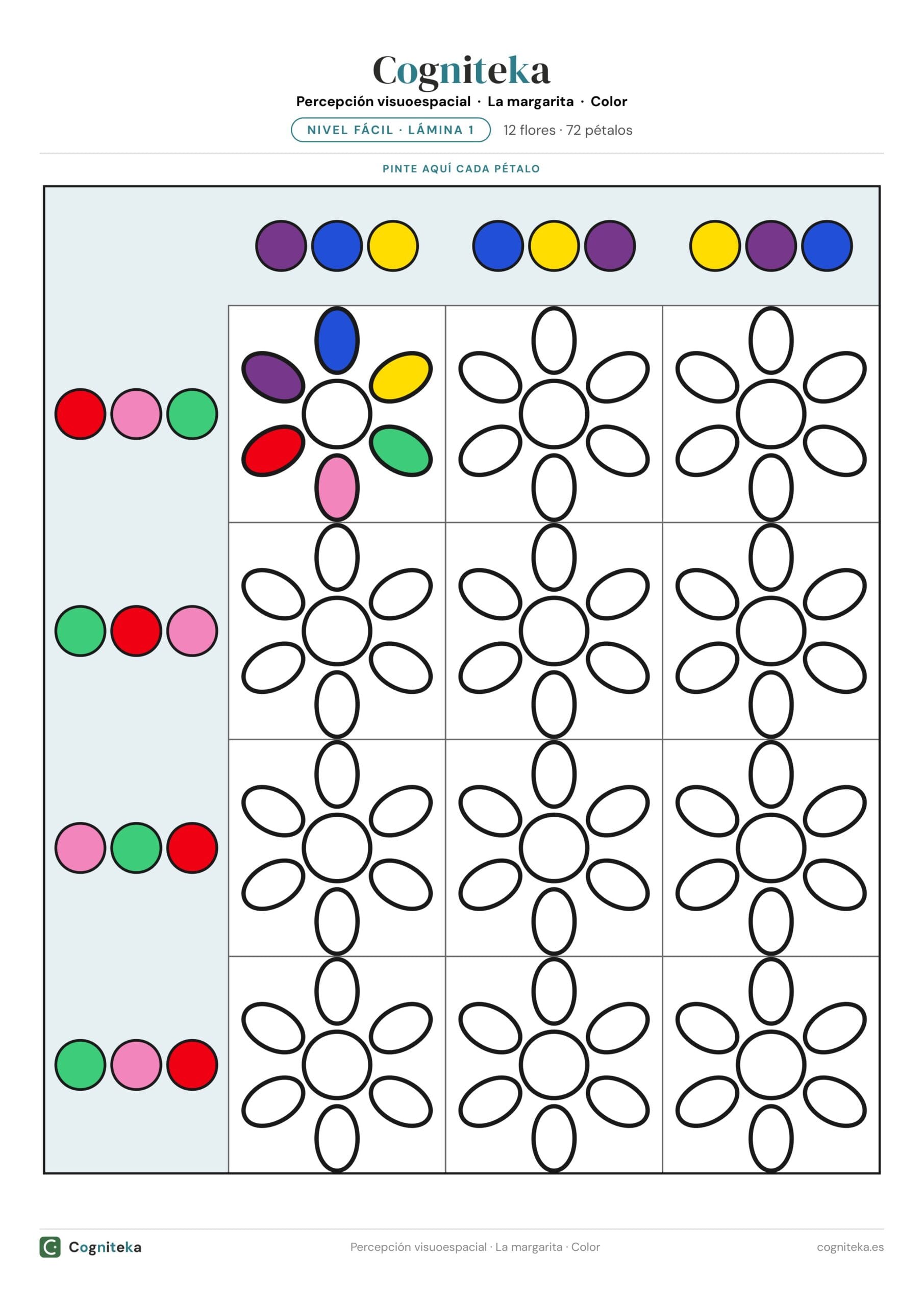 Lámina de ejercicios visuoespaciales en color con una rejilla de margaritas de seis pétalos y tríos de colores en las cabeceras, en A4