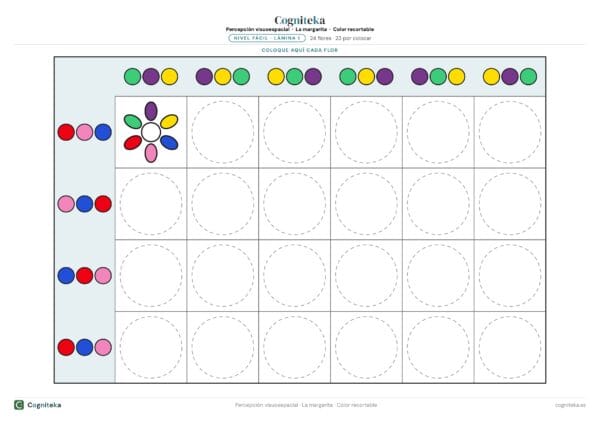 Tablero de fichas visuoespaciales recortables en A4 apaisado, con tríos de colores en las cabeceras y huecos de puntos donde colocar cada flor