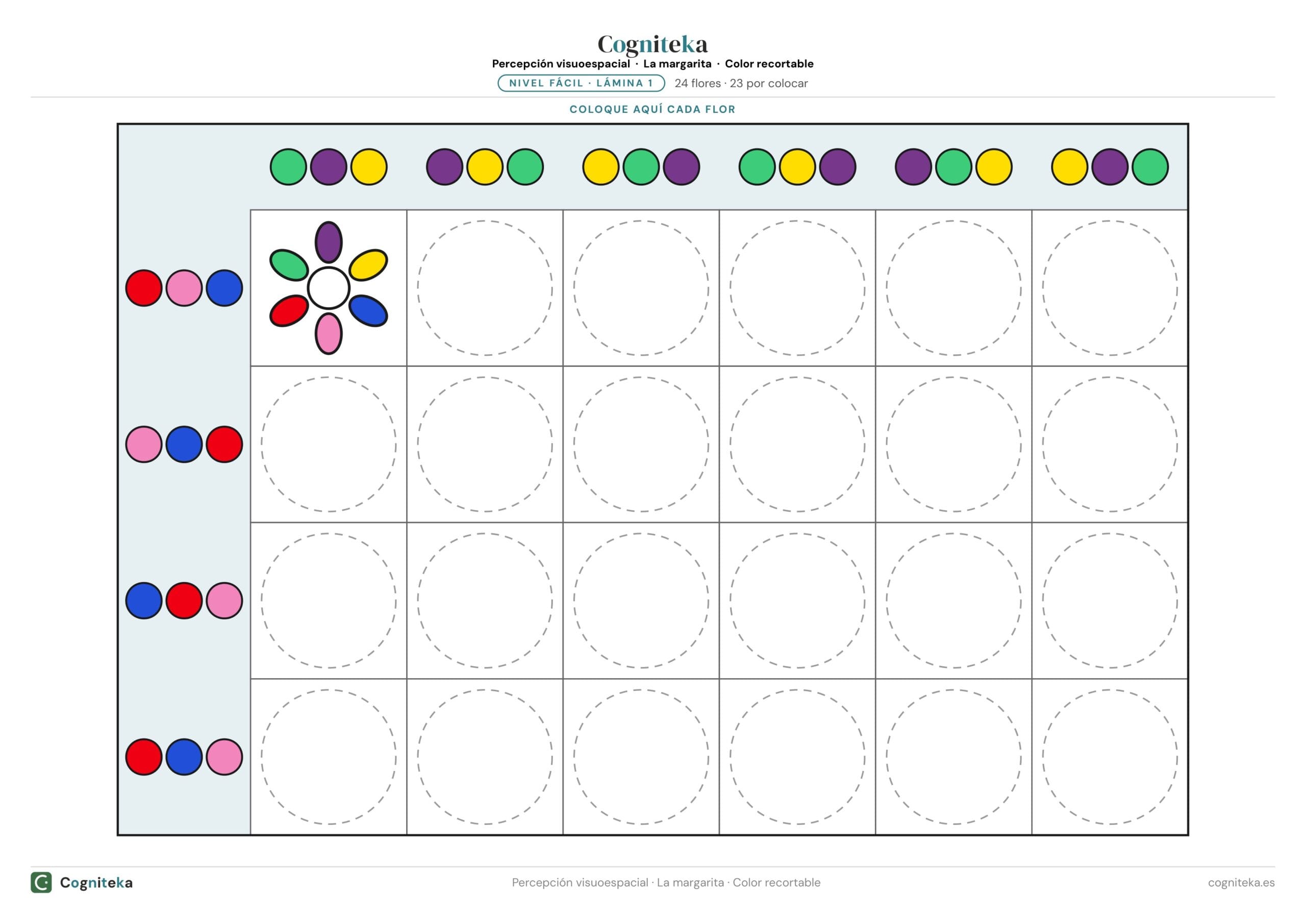 Tablero de fichas visuoespaciales recortables en A4 apaisado, con tríos de colores en las cabeceras y huecos de puntos donde colocar cada flor