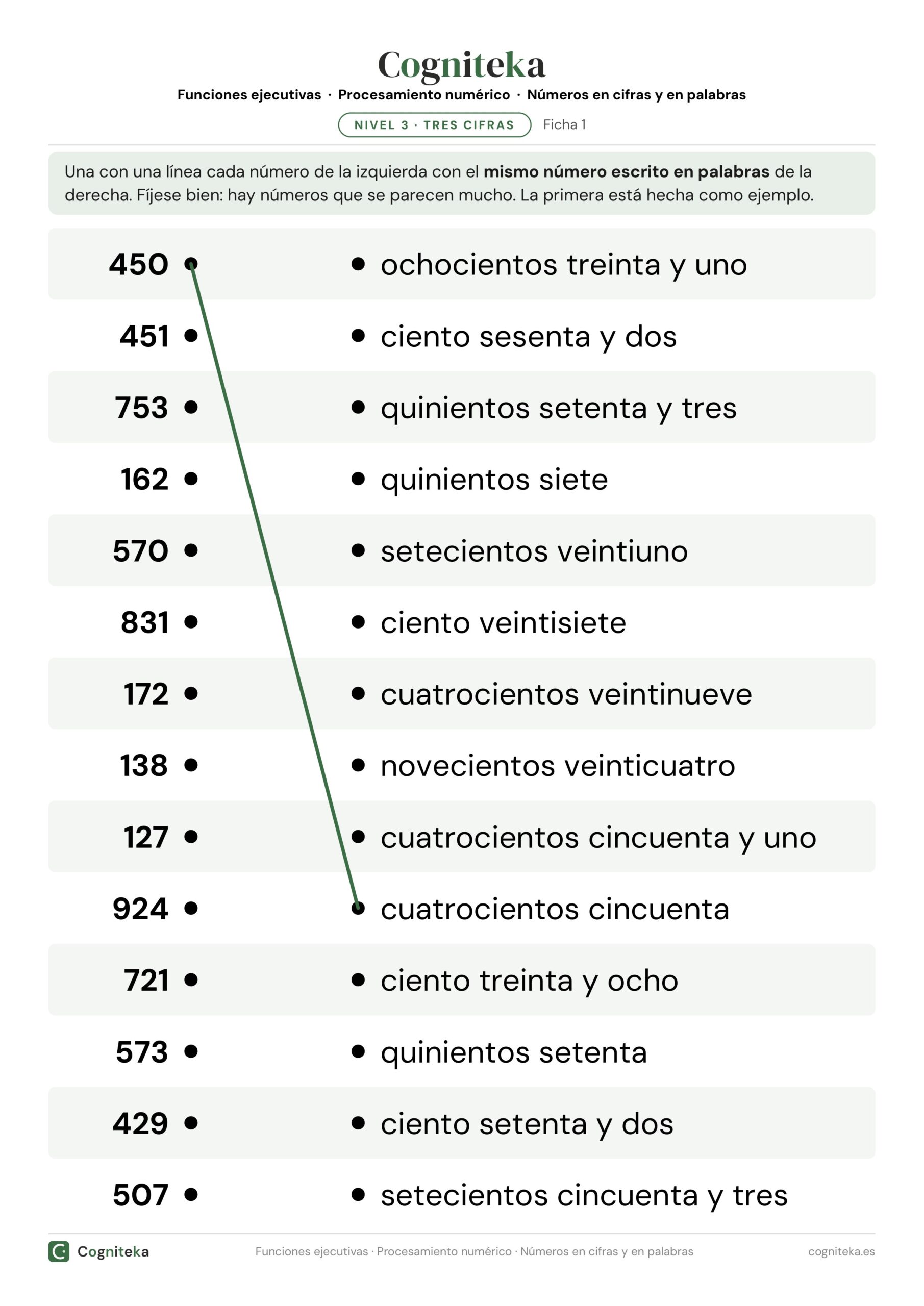Ficha de números en letras para adultos: columna de números en cifras y columna de números escritos en palabras para unir