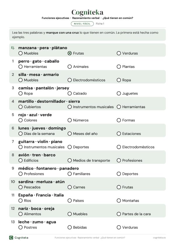 Ficha de ejercicios de abstracción para adultos: marcar qué tienen en común tres palabras