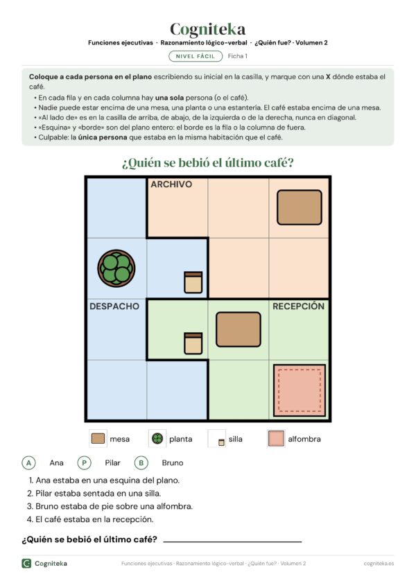 Ficha de murdoku para adultos: plano de una oficina con muebles y pistas para descubrir quién se bebió el último café