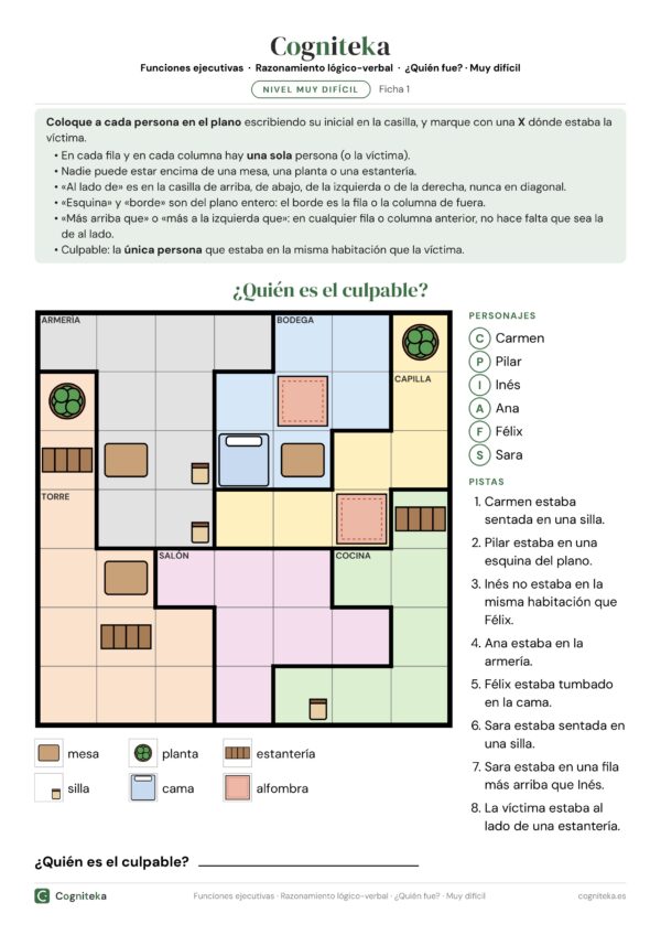 Ficha de murdoku difícil: plano de un castillo con habitaciones, muebles y pistas para descubrir al culpable