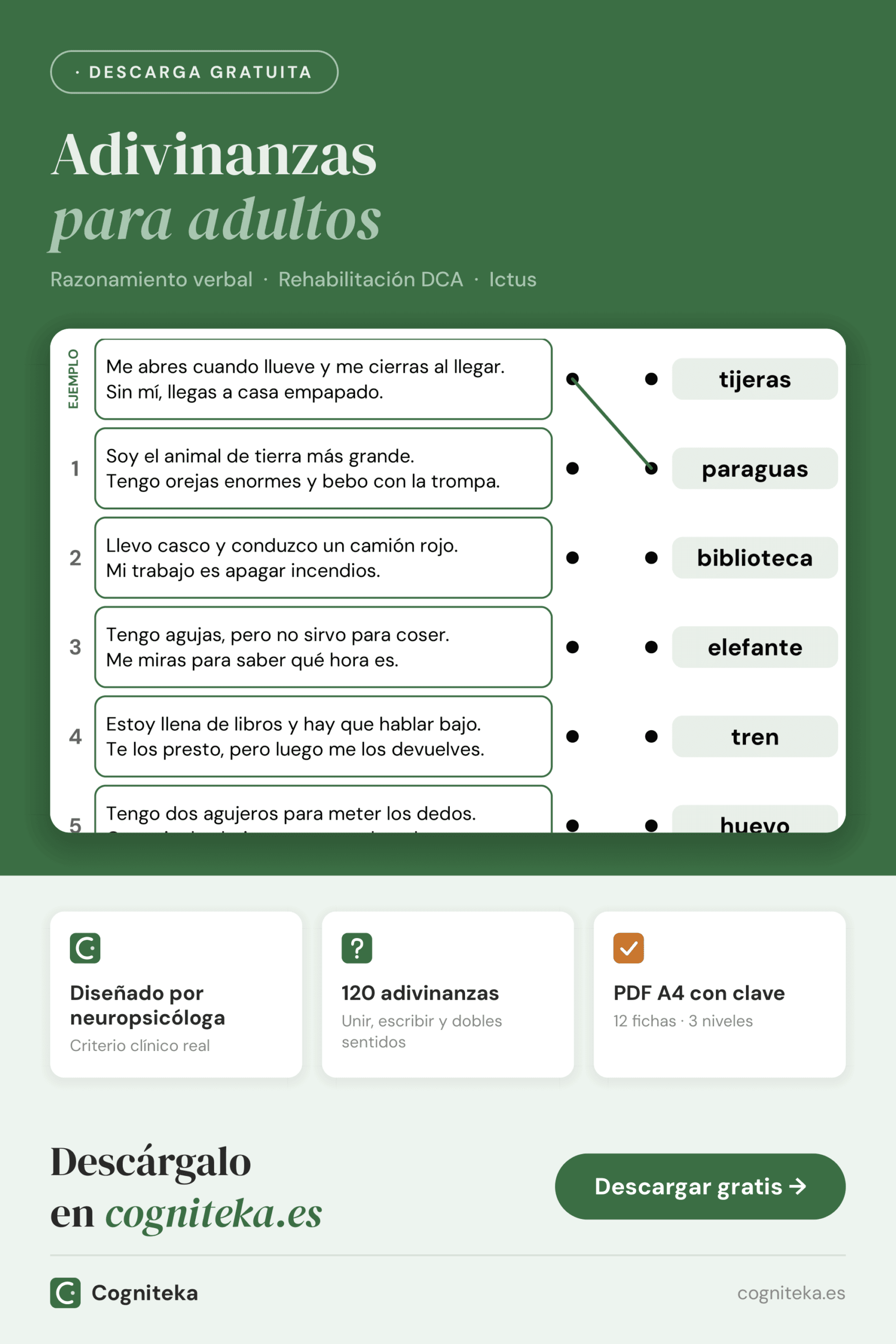 Adivinanzas para adultos imprimibles en PDF, en tres niveles, para rehabilitación del lenguaje y el razonamiento verbal