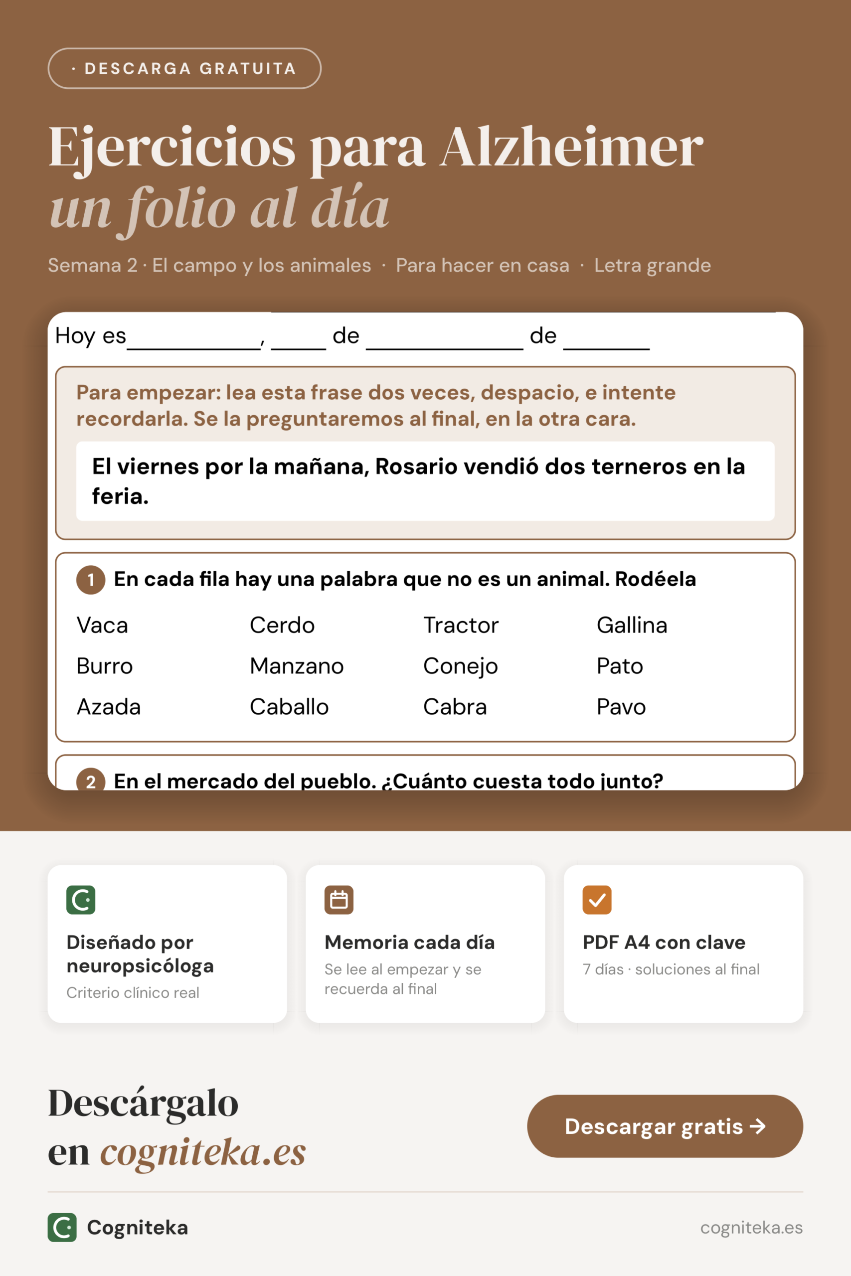 Actividades para personas con alzheimer imprimibles en PDF, un folio diario sobre el campo y los animales para hacer en casa