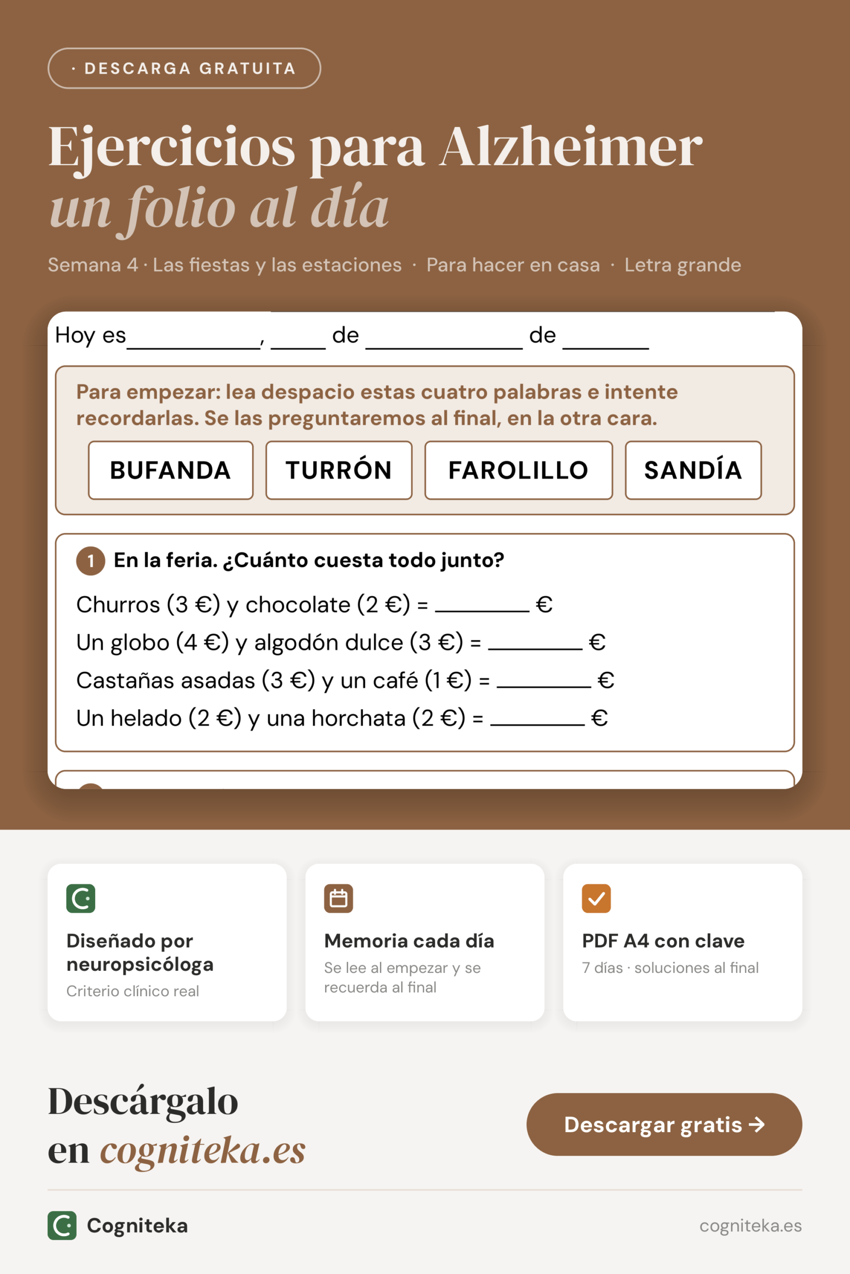 Ejercicios de memoria para mayores imprimibles en PDF, un folio diario sobre las fiestas y las estaciones para hacer en casa