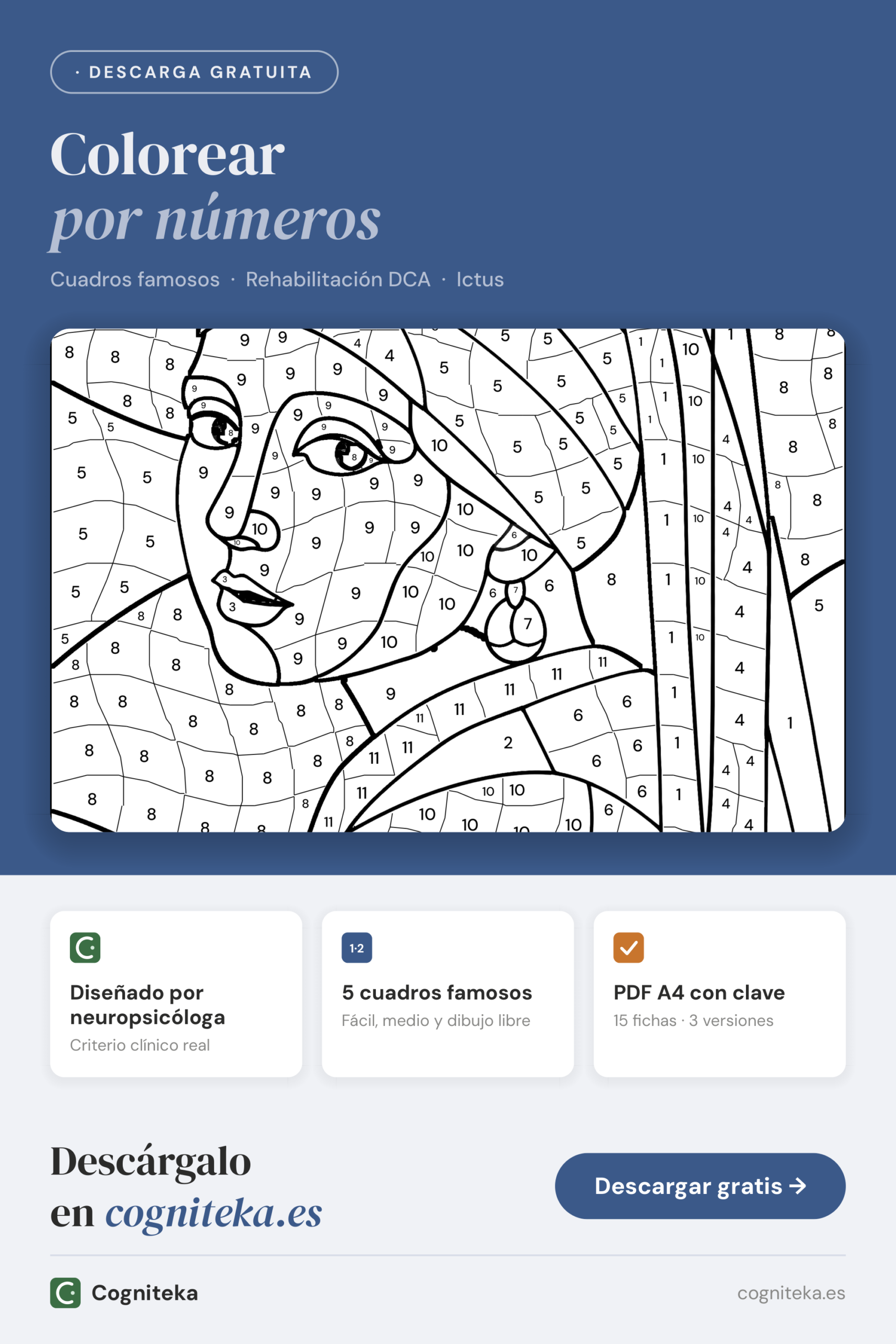 Colorear por números para adultos: cuadros famosos en piezas numeradas, fichas en PDF para trabajar la atención sostenida