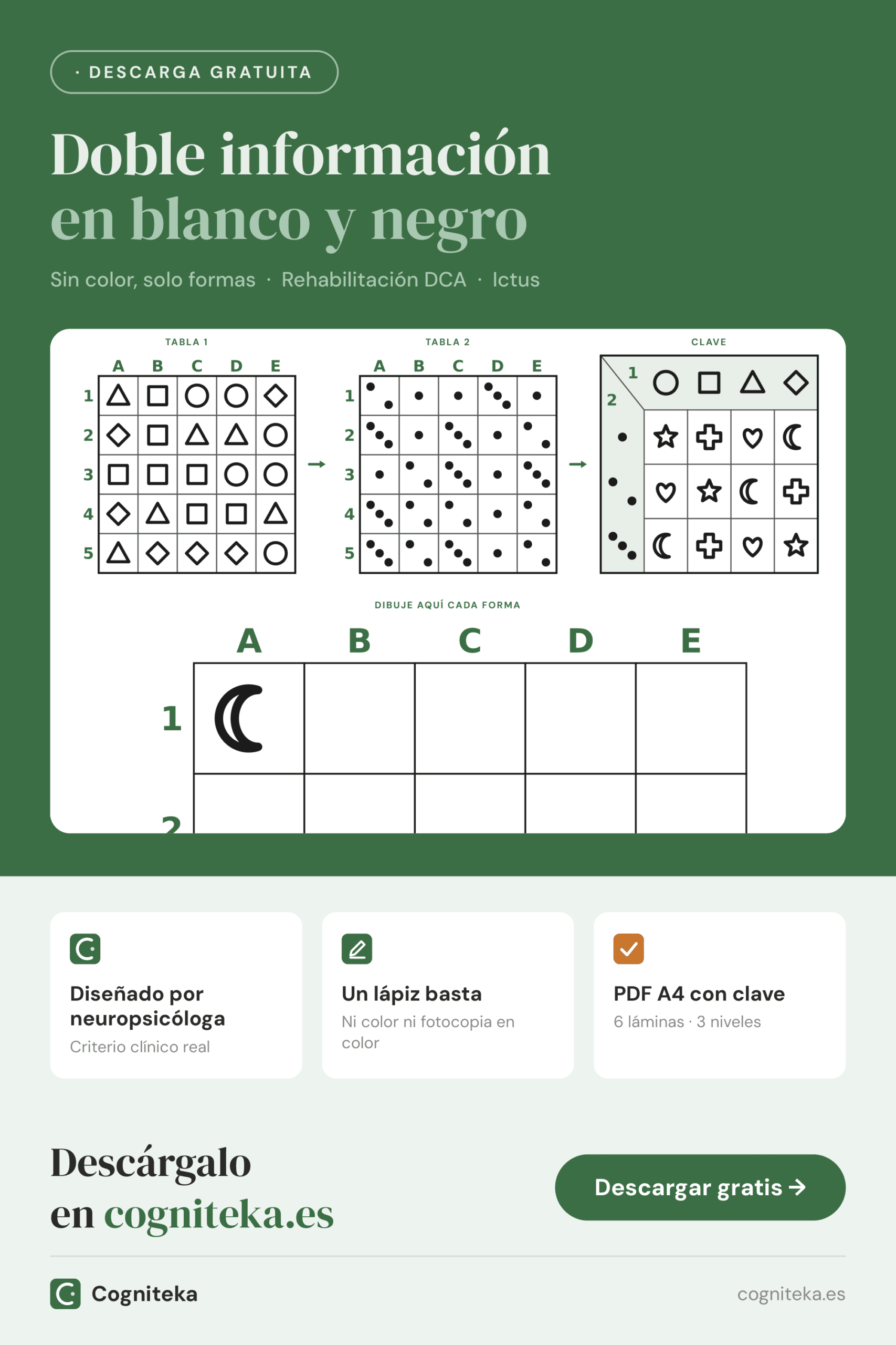 Tablas de doble entrada para imprimir en PDF en blanco y negro con figuras y puntos, para adultos con daño cerebral