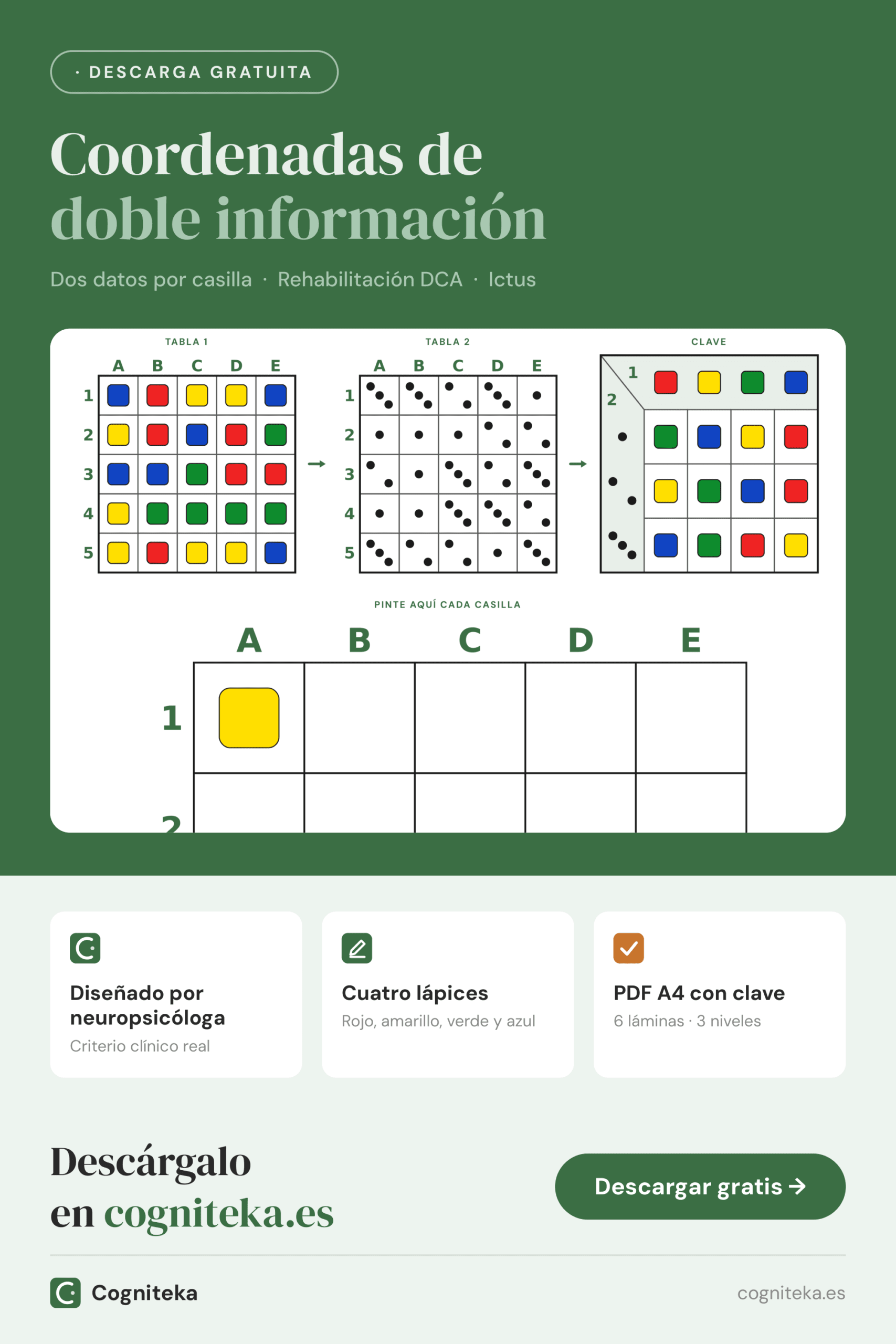 Ejercicios de doble entrada imprimibles en PDF con dos tablas y una clave para cruzar, para adultos con daño cerebral