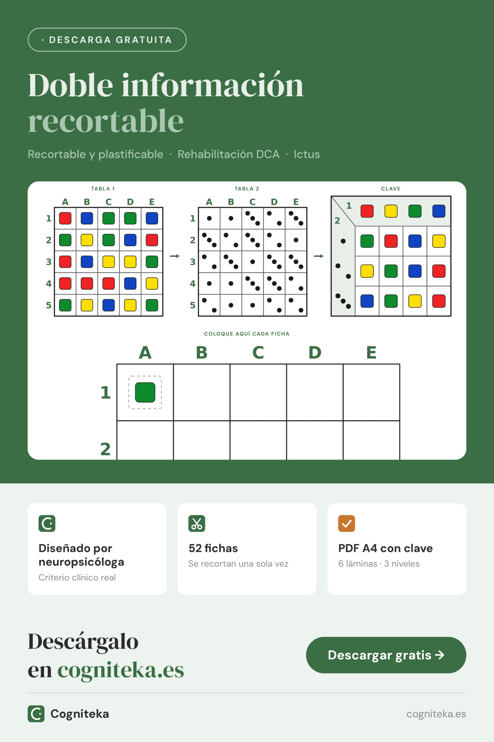 Fichas de doble entrada recortables imprimibles en PDF con piezas de colores para colocar en una cuadrícula, para adultos con daño cerebral