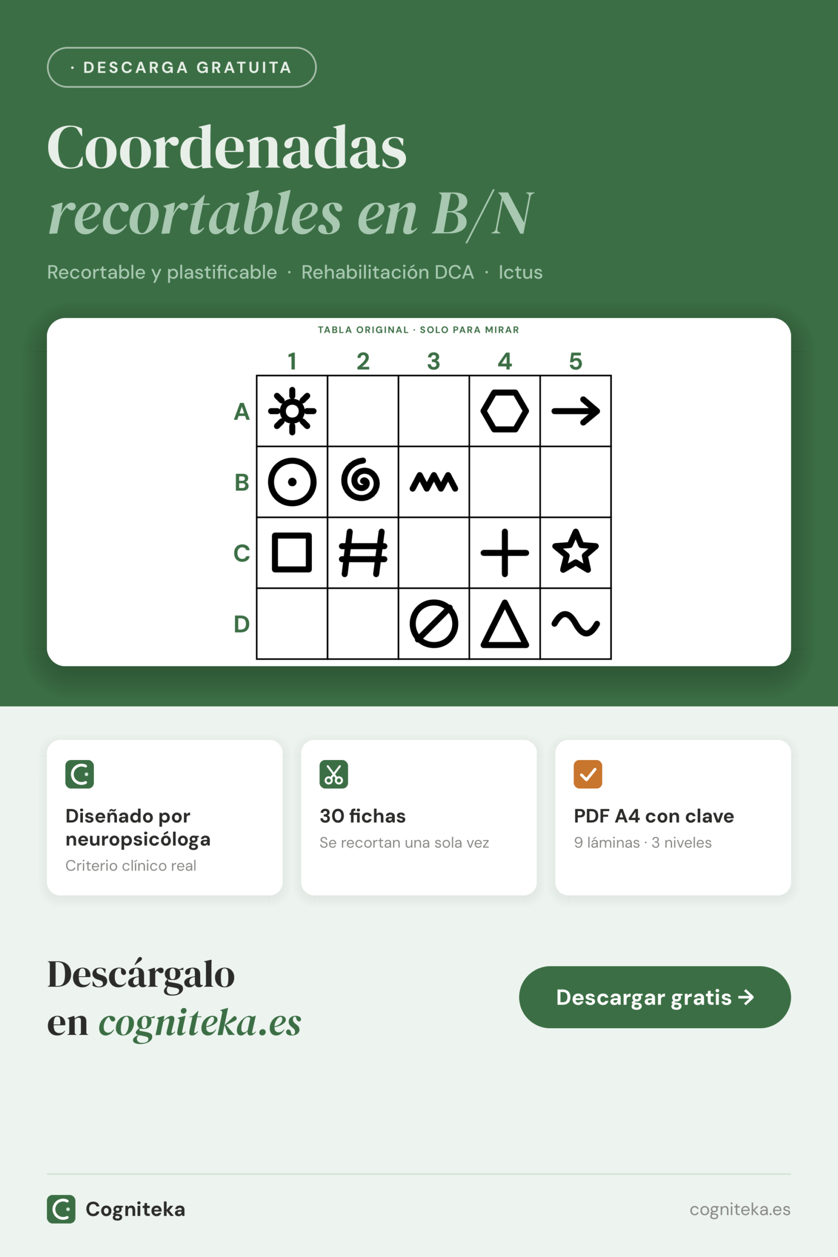 Fichas recortables de coordenadas en blanco y negro imprimibles en PDF con piezas de formas para colocar en una tabla, para adultos con daño cerebral
