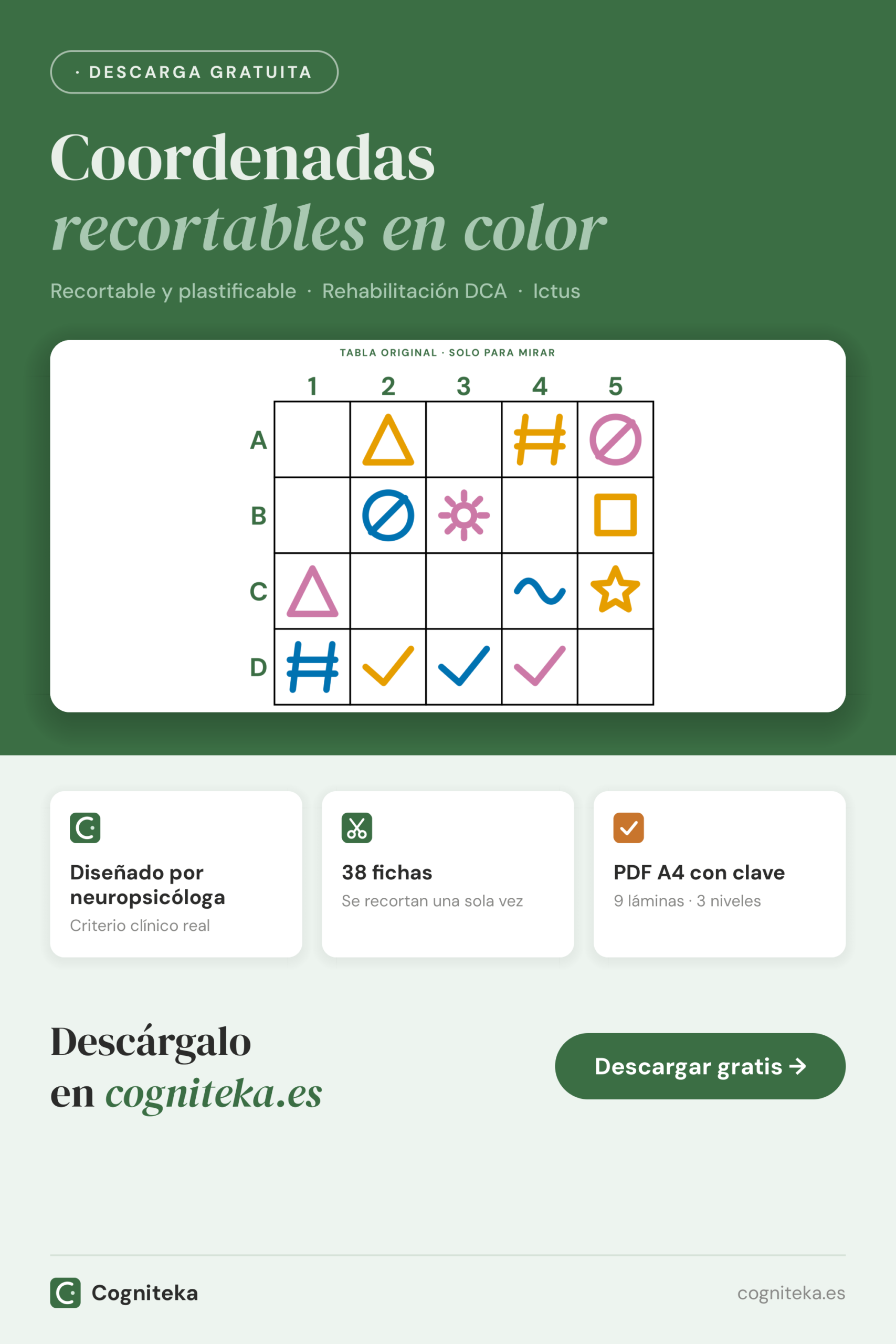 Ejercicios de coordenadas recortables en color imprimibles en PDF con fichas de formas para colocar en una tabla, para adultos con daño cerebral
