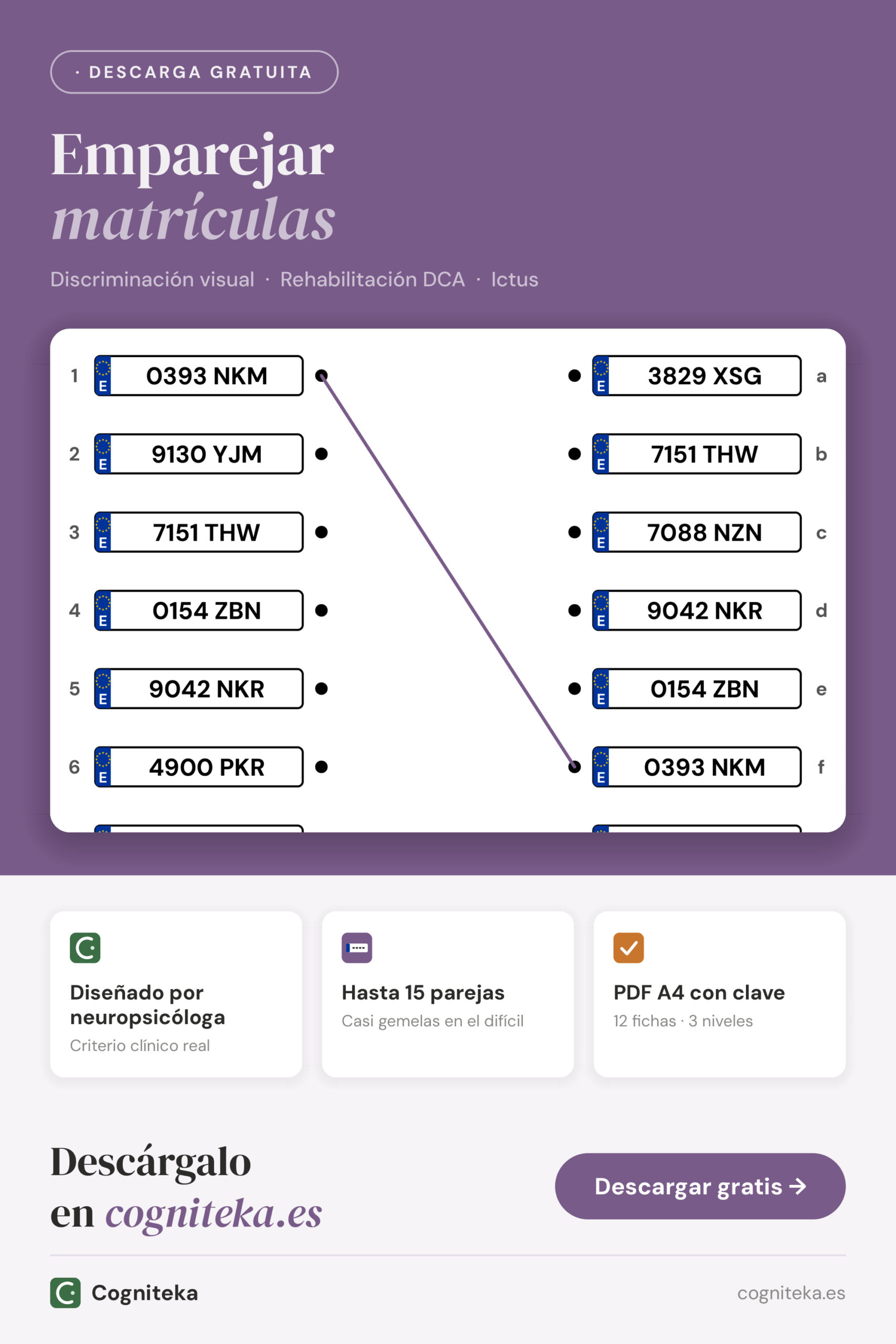 Discriminación visual para adultos: emparejar matrículas casi iguales, fichas imprimibles en PDF para rehabilitación tras un ictus