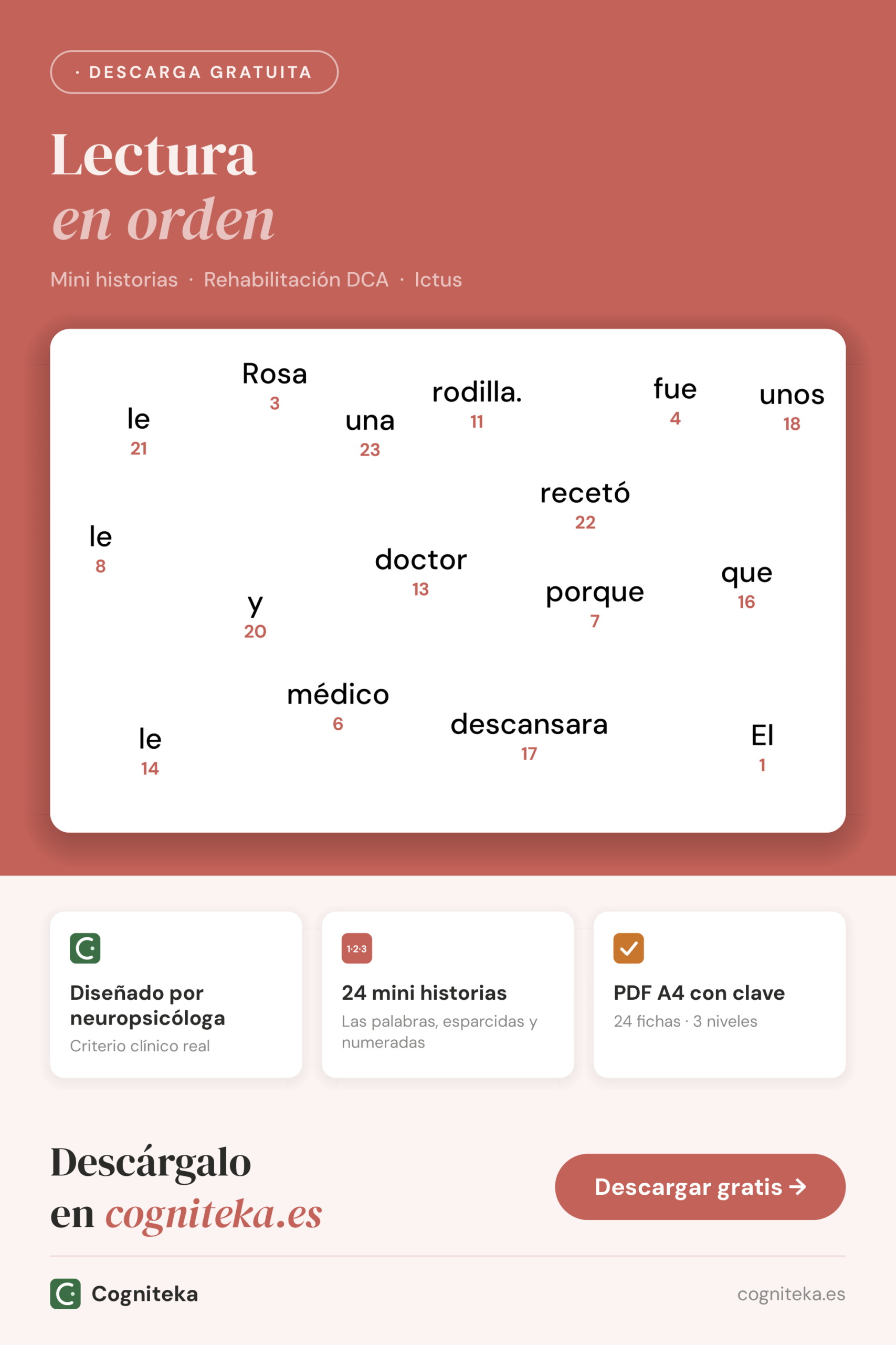 Comprensión lectora para adultos: mini historias con las palabras esparcidas y numeradas, fichas en PDF para la rehabilitación del lenguaje