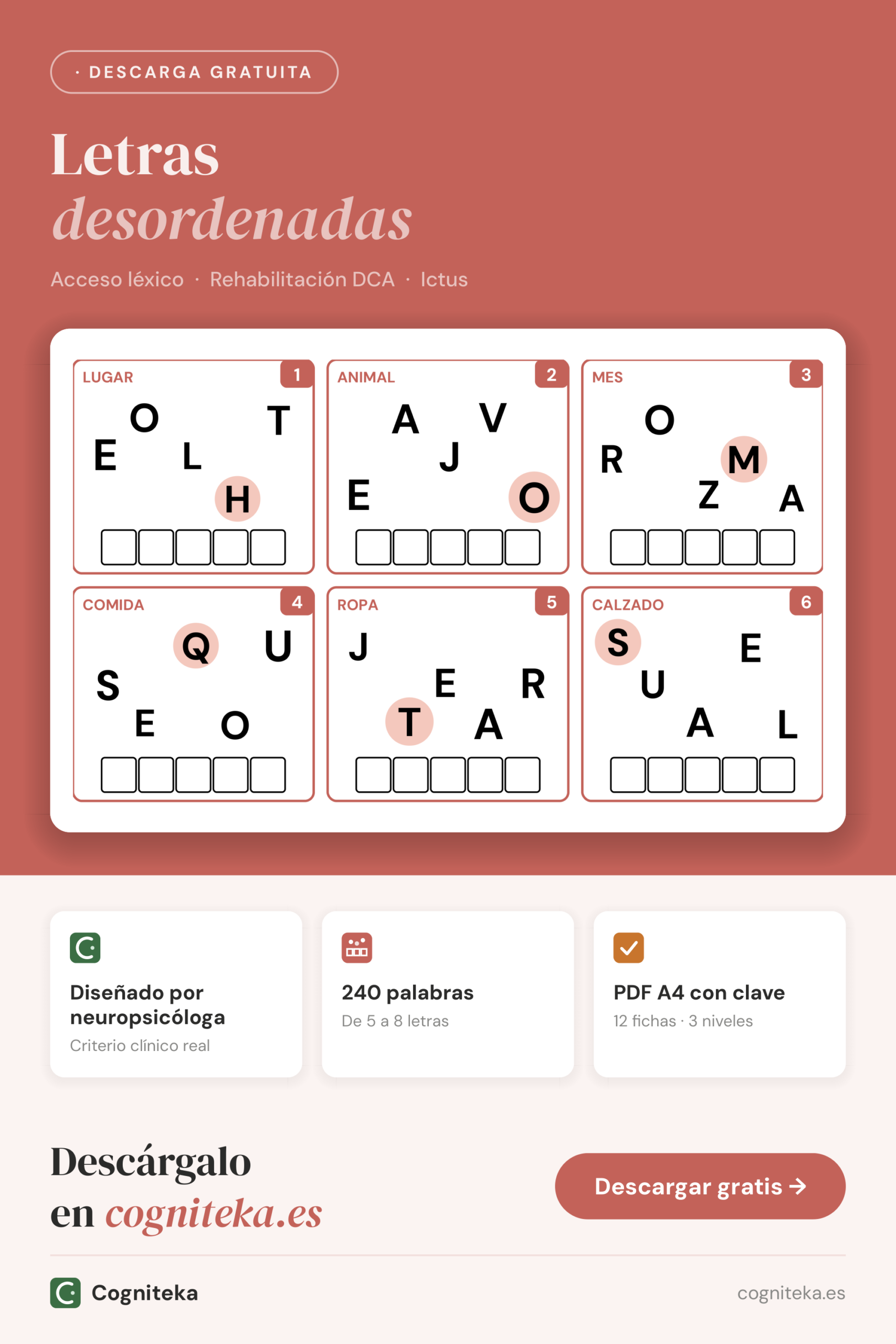 Letras desordenadas para adultos: fichas en PDF para trabajar el acceso léxico en la rehabilitación del lenguaje