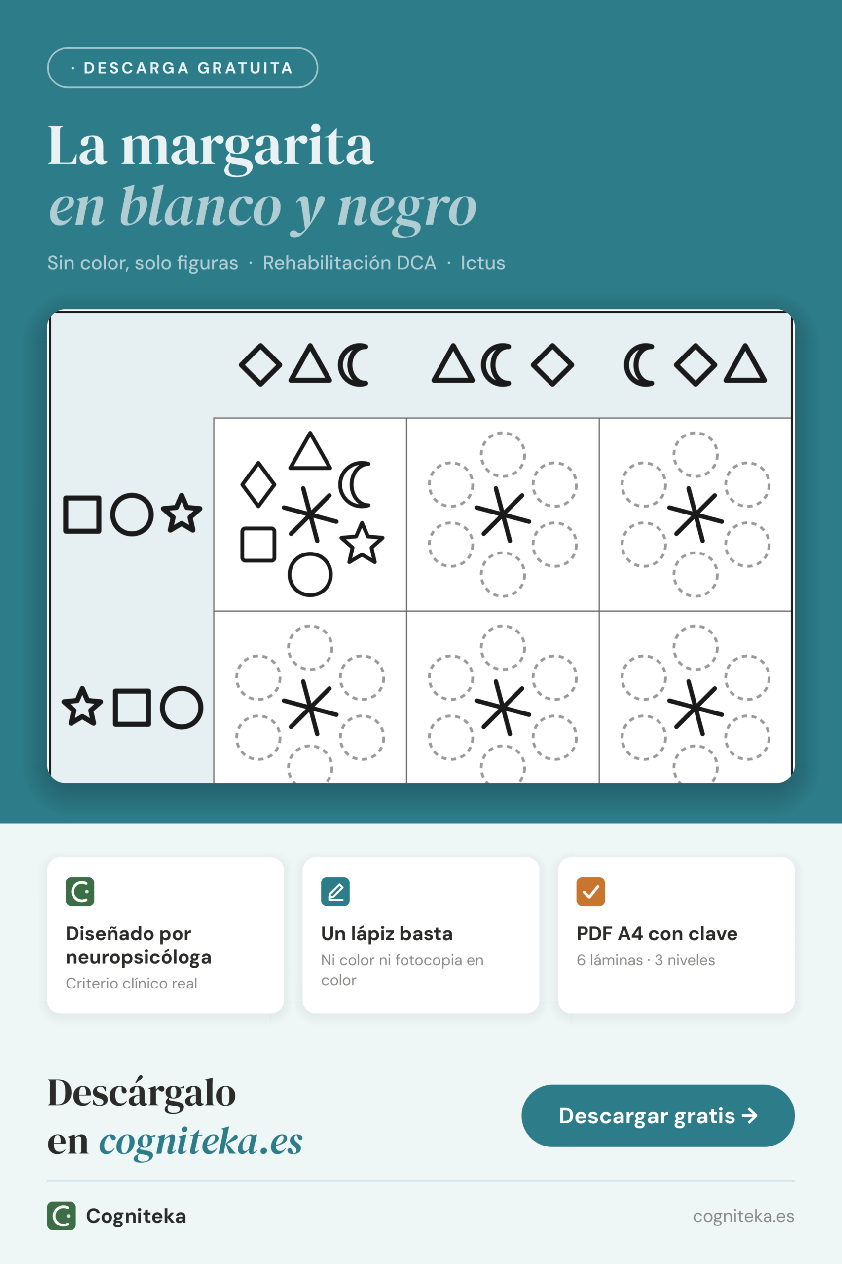 Ejercicios visuoespaciales con figuras en PDF en blanco y negro con margaritas de figuras geométricas, para adultos con daño cerebral