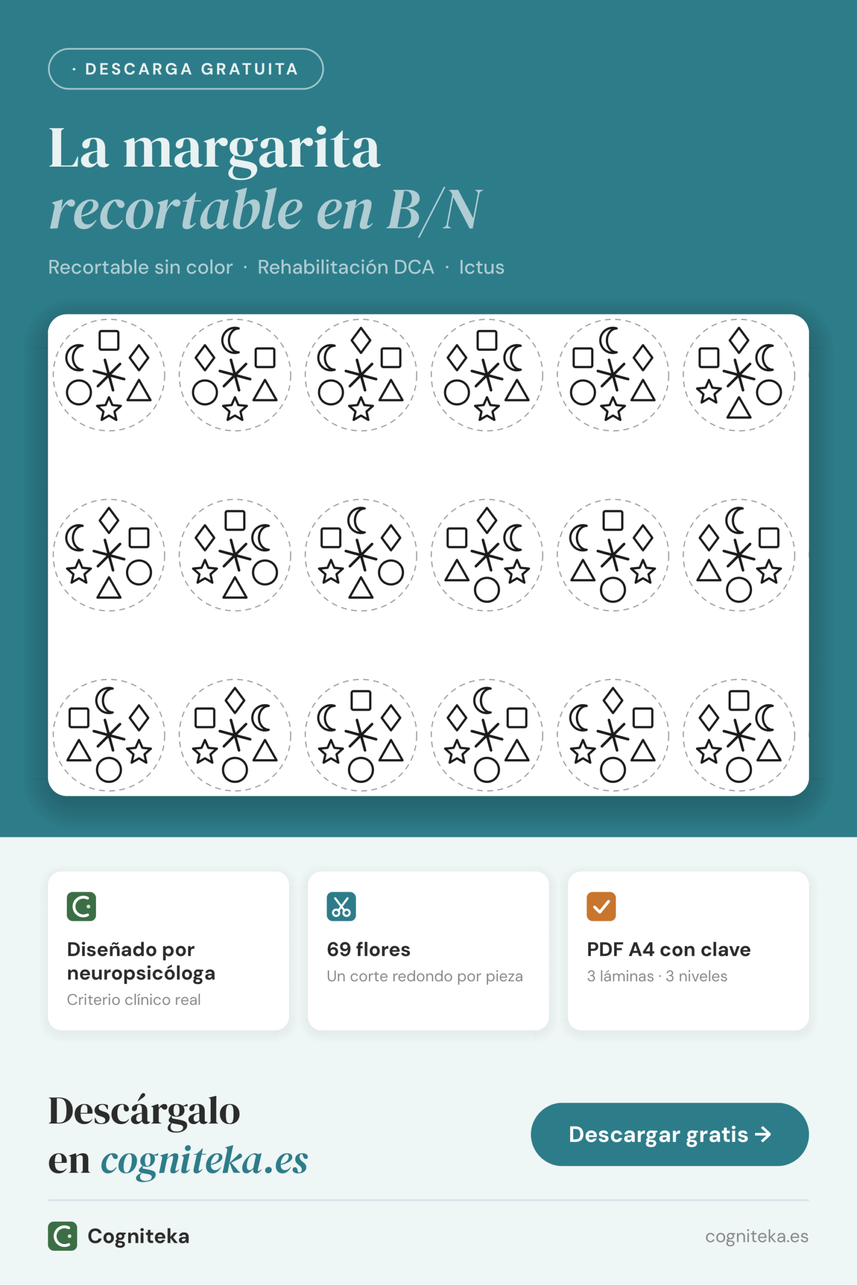 Actividades visuoespaciales recortables imprimibles en PDF con flores de figuras en blanco y negro, para adultos con daño cerebral