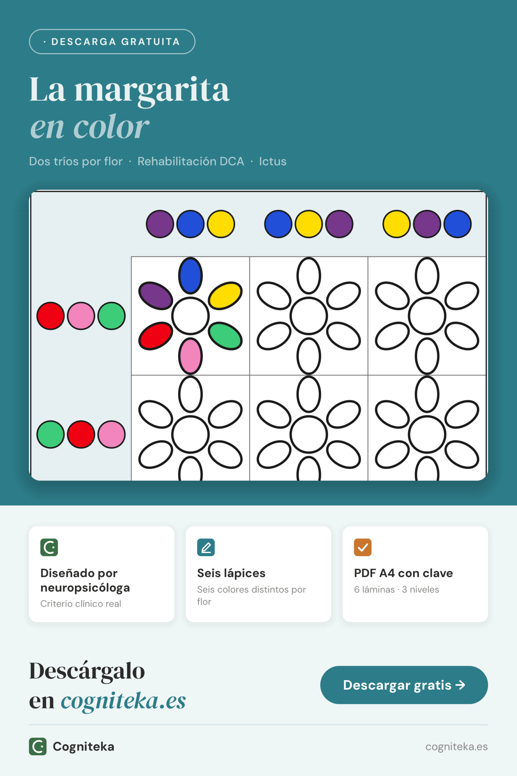 Ejercicios visuoespaciales en color imprimibles en PDF con margaritas de seis pétalos para pintar, para adultos con daño cerebral