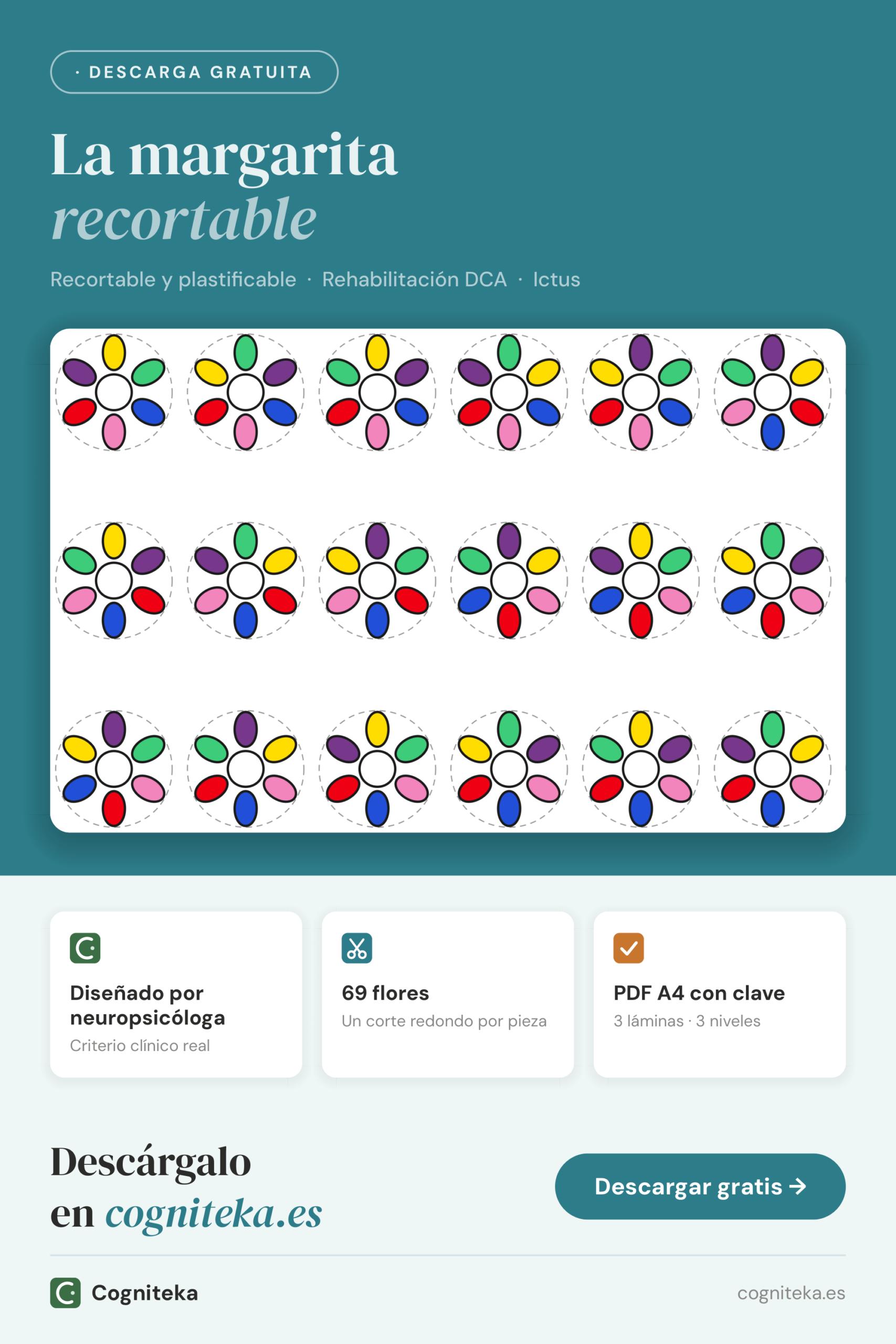 Fichas visuoespaciales recortables imprimibles en PDF con flores de colores que se colocan en un tablero, para adultos con daño cerebral