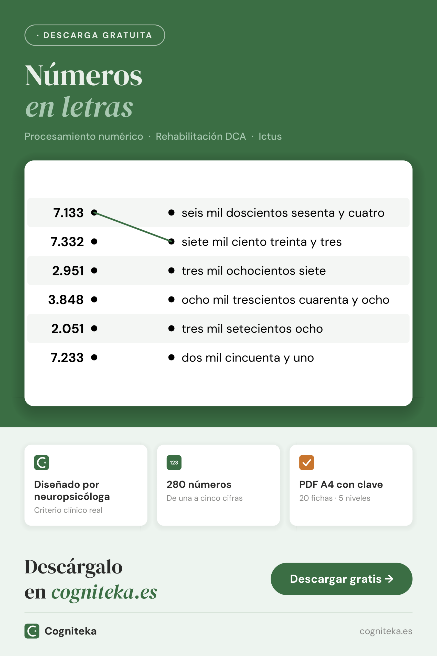Números en letras para adultos: fichas en PDF para unir números en cifras y en palabras, procesamiento numérico tras un ictus