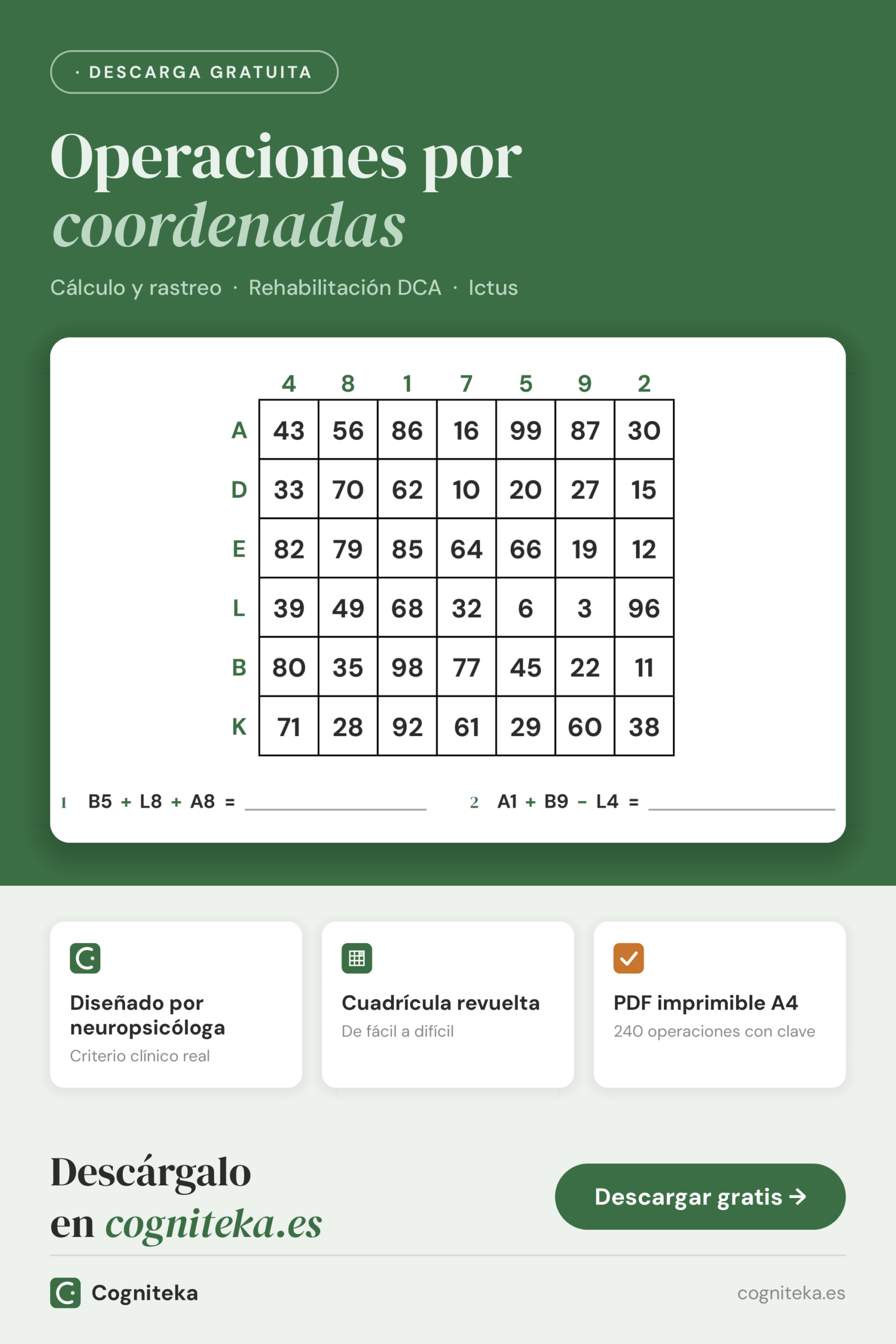 Fichas de ejercicios de coordenadas y cálculo con cuadrícula revuelta, de fácil a difícil, para adultos con daño cerebral, descarga gratuita en Cogniteka