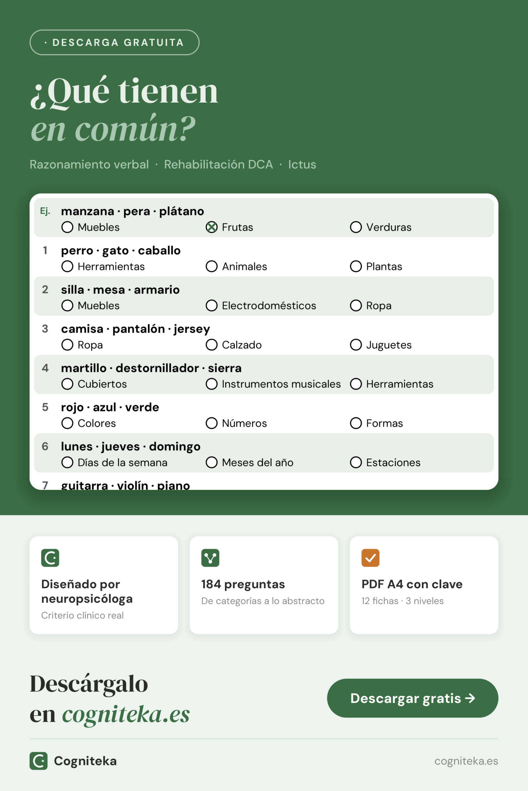 Ejercicios de abstracción para adultos: qué tienen en común tres palabras, imprimibles en PDF para rehabilitación del razonamiento verbal