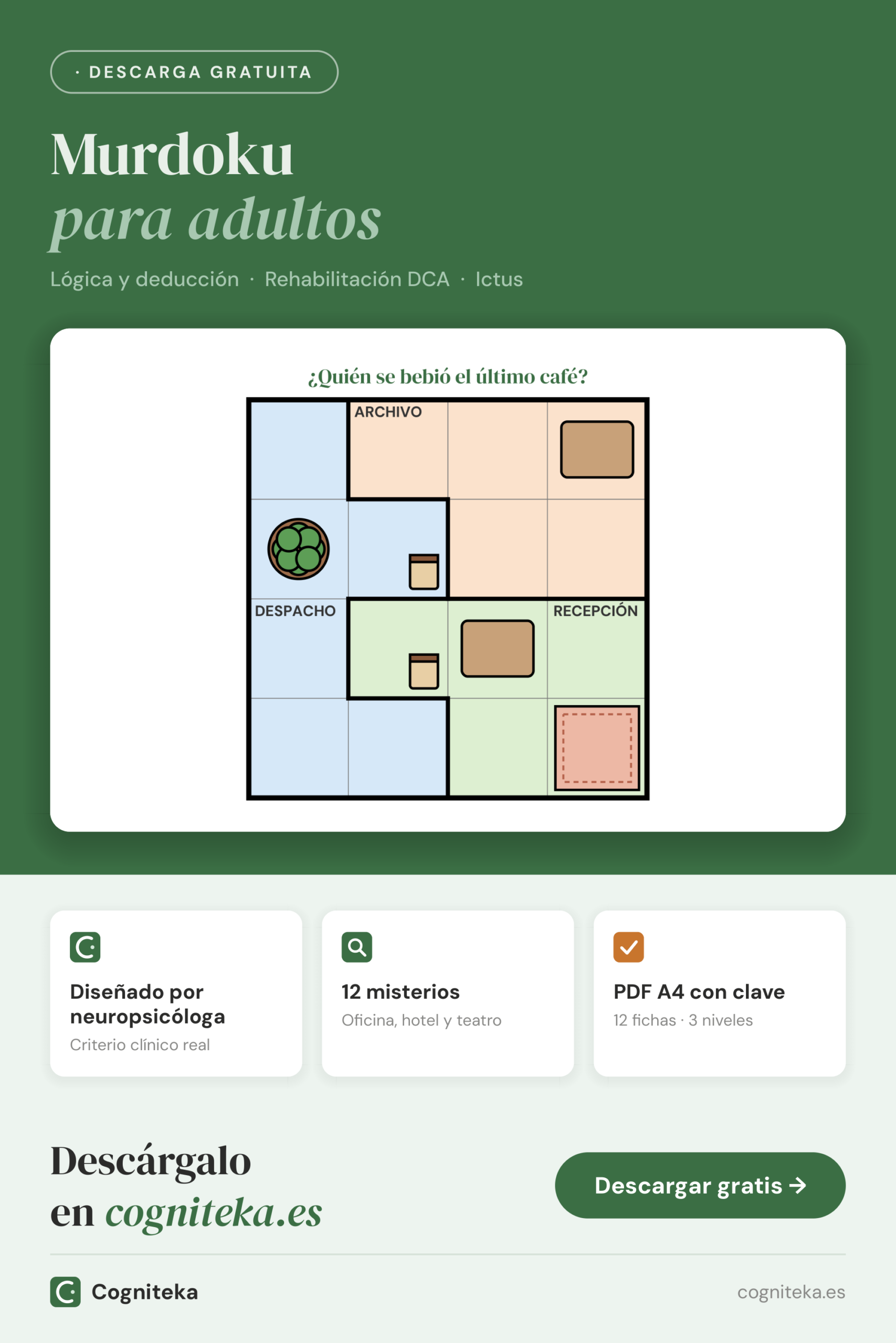 Murdoku para adultos: misterios de lógica en la oficina, el hotel y el teatro, fichas en PDF para rehabilitación de las funciones ejecutivas