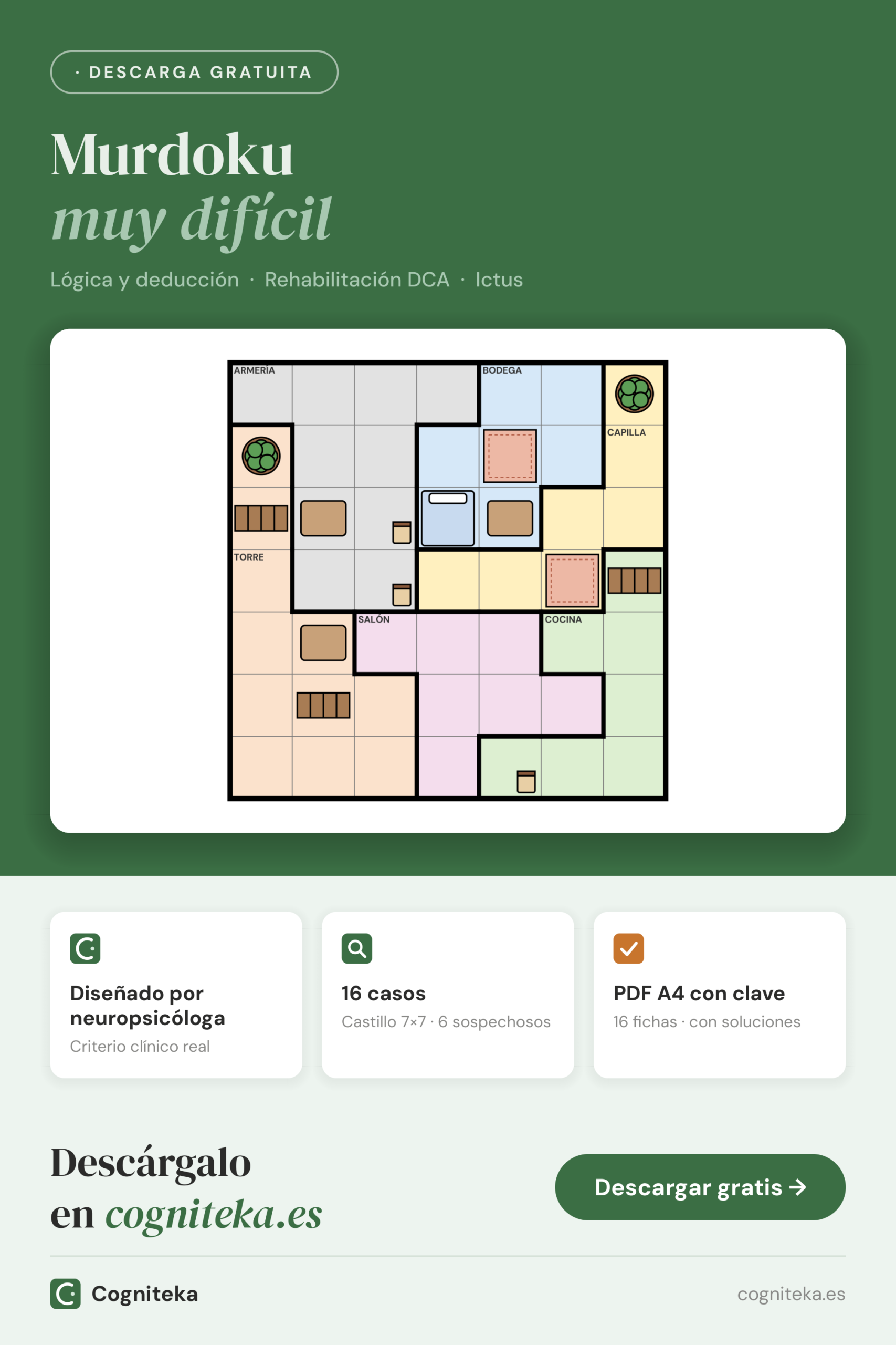 Murdoku difícil: casos de lógica deductiva en un castillo de 7×7, fichas en PDF para rehabilitación de las funciones ejecutivas