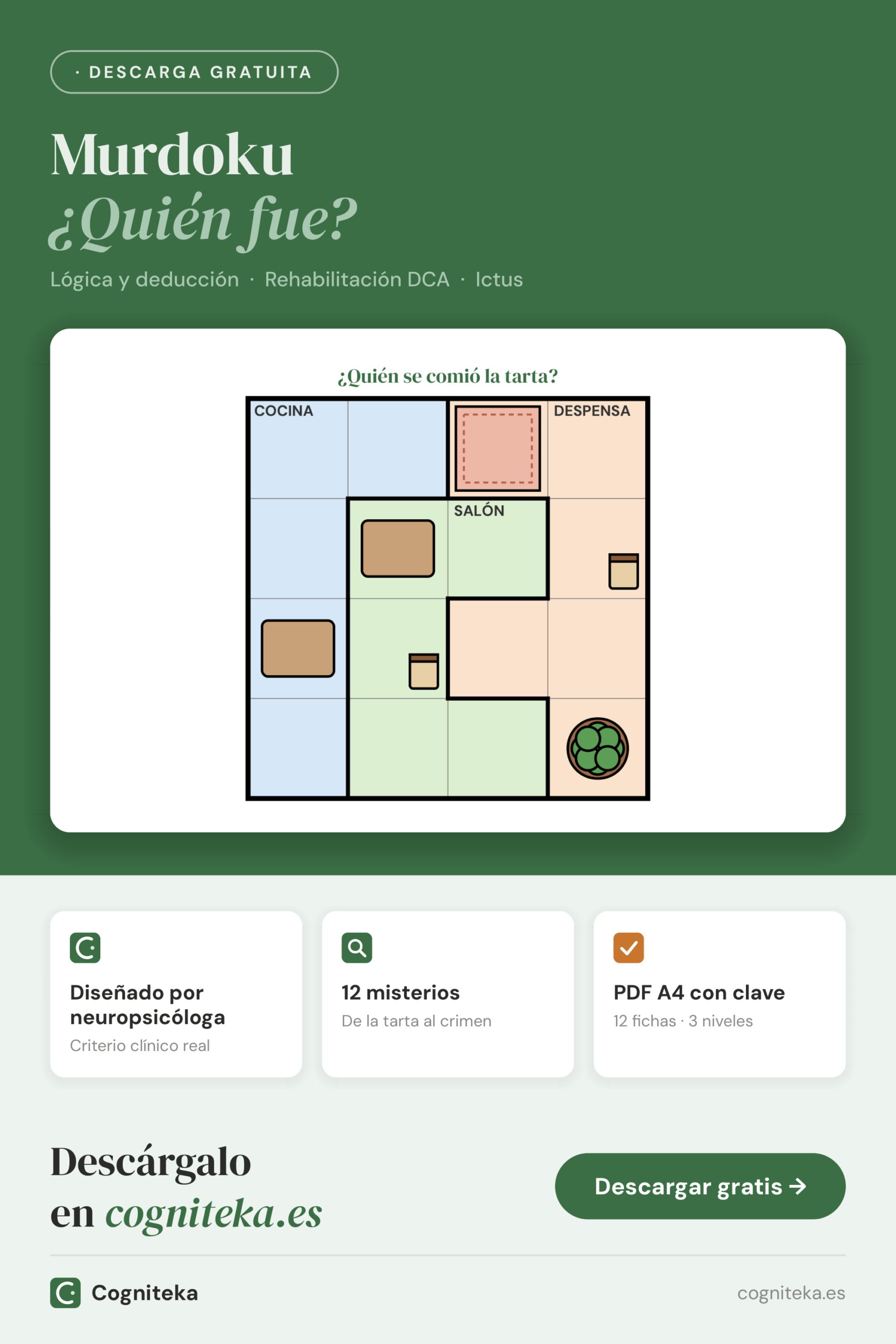 Murdoku para imprimir: misterios de lógica con plano y pistas, fichas en PDF para rehabilitación de las funciones ejecutivas