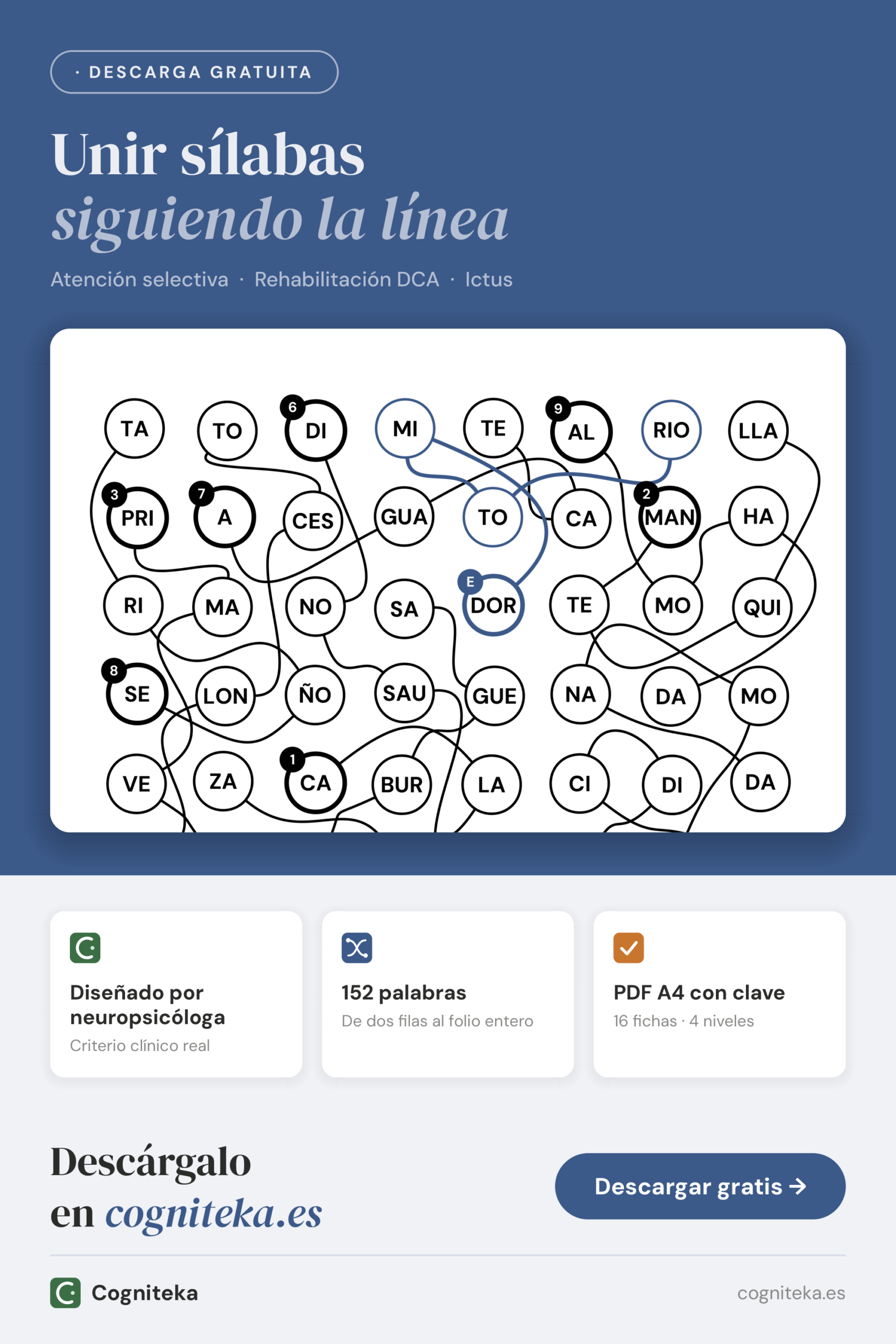 Ejercicios de atención selectiva para adultos: unir sílabas siguiendo líneas enredadas, imprimibles en PDF